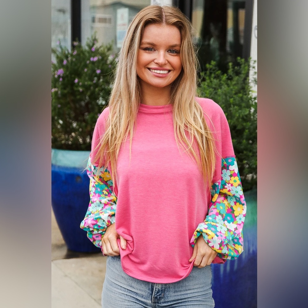 Lock Eyes Pink & Floral Bubble Sleeve French Terry Pullover